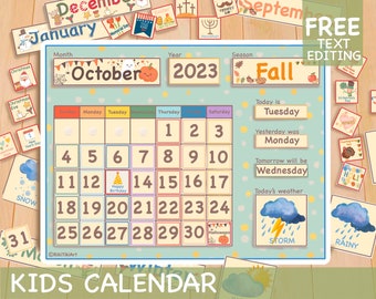 Classroom Calendar, Preschool Curriculum Homeschool Montessori Calendar, Blue Perpetual Calendar Toddler Wall Calendar