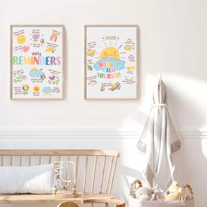 May include: Two colorful posters with illustrations and text. The poster on the left says "daily reminders" and includes phrases like "You are loved" and "You are brave". The poster on the right says "Ways to Calm Yourself" and includes phrases like "Spend time with a dear furry friend" and "Close your eyes and breathe in and out".