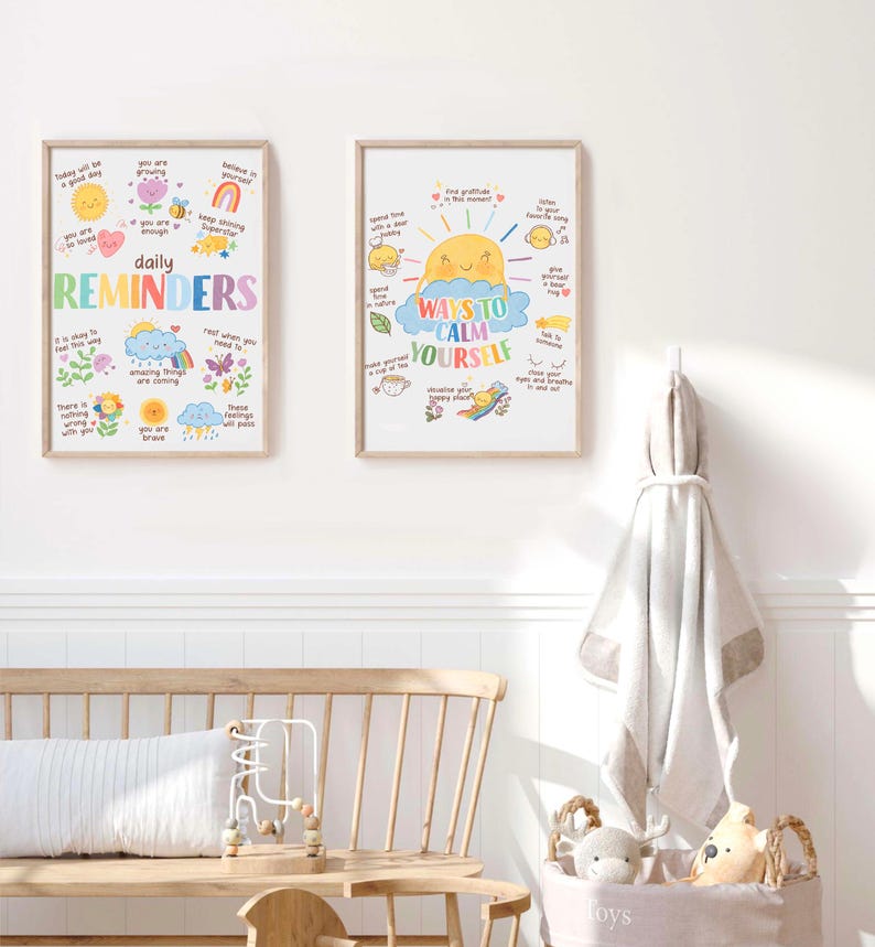 May include: Two colorful posters with illustrations and text. The poster on the left says "daily reminders" and includes phrases like "You are loved" and "You are brave". The poster on the right says "Ways to Calm Yourself" and includes phrases like "Spend time with a dear furry friend" and "Close your eyes and breathe in and out".