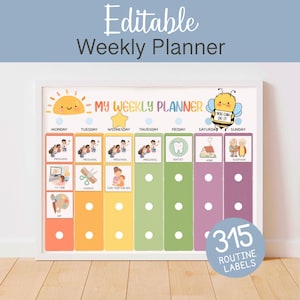 Puede incluir: Un planificador semanal colorido y enmarcado con el texto "Editable Weekly Planner" en la parte superior. El planificador presenta un sol, una estrella y una abeja. Incluye secciones para cada día de la semana, con etiquetas de rutina y el texto "315 Routine Labels".