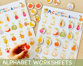 Feuilles d'exercices sur l'alphabet sur les fruits et les légumes Ensemble d'apprentissage des sons pour les débutants Activité de tri ABC pour les tout-petits à imprimer