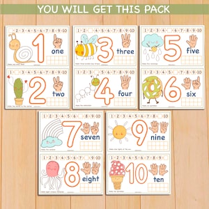 May include: A set of ten printable activity cards featuring numbers 1 through 10 with corresponding illustrations and instructions to draw a specific number of items. Each card has a yellow background with a white border and a number in a large orange circle. The numbers are accompanied by the word for the number and a small illustration. The instructions are written in black text below the illustration.