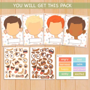 May include: A printable set of face parts for creating different expressions. The set includes four blank faces with different skin tones, two sheets of face parts, and a sheet with emotion words like "angry", "sad", "nervous", "calm", "happy", "surprised", "sickly", and "excited".