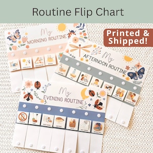 May include: A set of three routine flip charts with the text "Routine Flip Chart." Each chart is decorated with illustrations and the phrases "My Morning Routine," "My Afternoon Routine," and "My Evening Routine." The charts feature images for daily tasks.