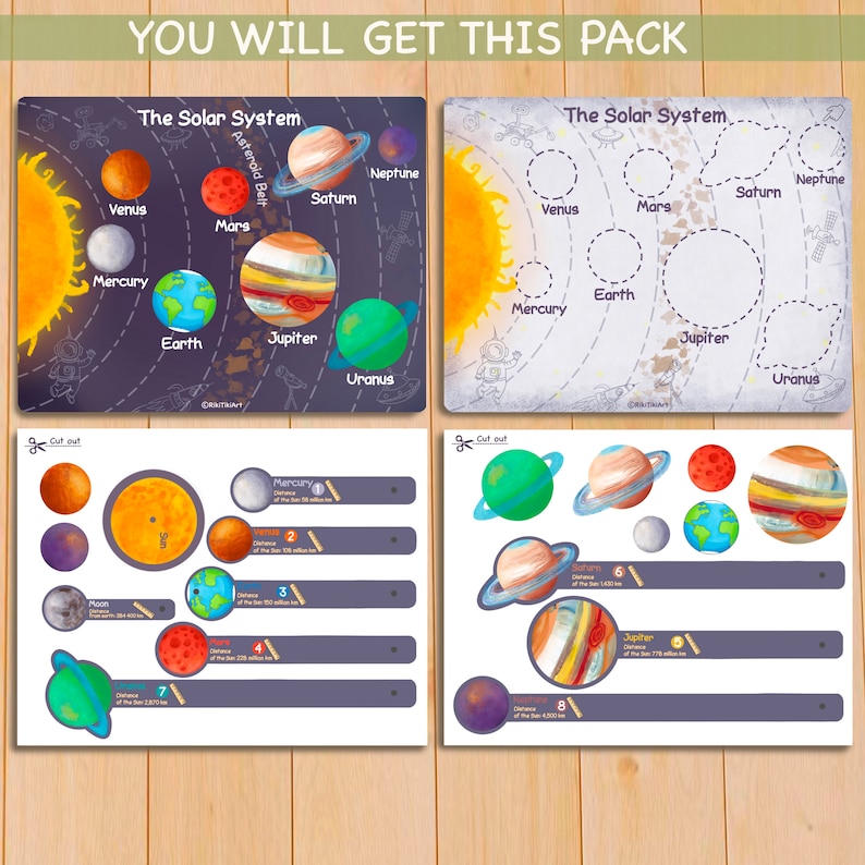Puede incluir: Una actividad educativa sobre el sistema solar imprimible para ni&ntilde;os. La ilustraci&oacute;n colorida presenta los planetas, el sol y el cintur&oacute;n de asteroides. Los planetas est&aacute;n etiquetados con sus nombres y distancias del sol. La actividad incluye piezas recortables de los planetas y el sol.