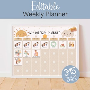 Może przedstawiać: Edytowalny planer tygodniowy z tekstem "Editable Weekly Planner" na górze. Planer ma beżowe tło z białą ramką i zawiera etykiety dla codziennych czynności, takich jak "Preschool" i "Dentist". Zawiera 315 etykiet rutynowych.