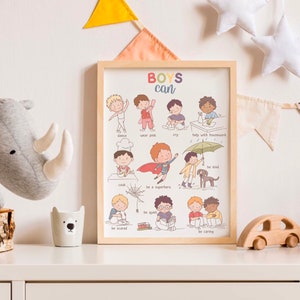 May include: A colorful printable poster with illustrations of boys doing different activities. The poster has the text "BOYS can" at the top and lists activities such as "dance", "wear pink", "cry", "help with housework", "cook", "be a superhero", "be scared", "be quiet", "be kind", and "be caring".