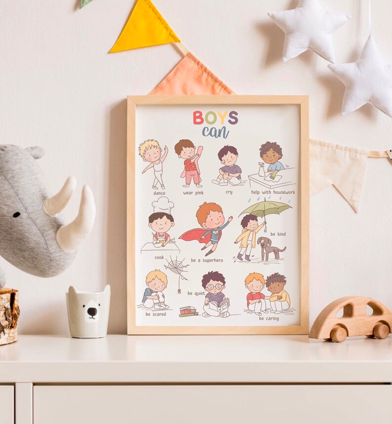 May include: A colorful printable poster with illustrations of boys doing different activities. The poster has the text "BOYS can" at the top and lists activities such as "dance", "wear pink", "cry", "help with housework", "cook", "be a superhero", "be scared", "be quiet", "be kind", and "be caring".