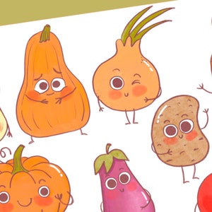 May include: A collection of cartoon vegetables with smiling faces. The vegetables include a pumpkin, an onion, a potato, an eggplant, and a squash.