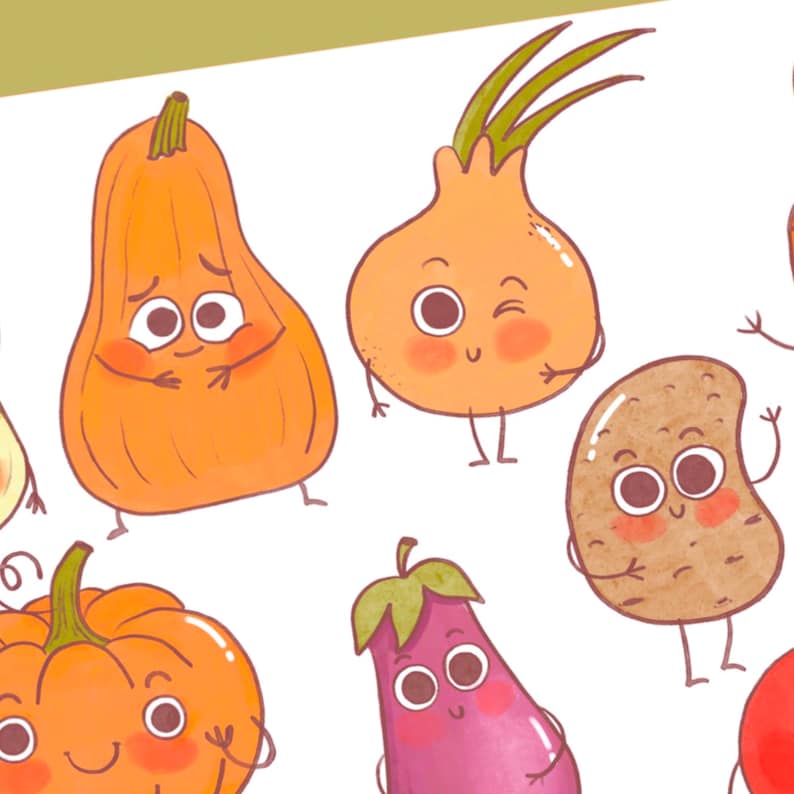 May include: A collection of cartoon vegetables with smiling faces. The vegetables include a pumpkin, an onion, a potato, an eggplant, and a squash.