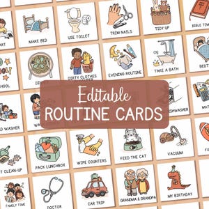 Könnte beinhalten: Eine Sammlung illustrierter Routinekarten mit verschiedenen täglichen Aktivitäten, darunter „Bett machen“, „Toilette benutzen“ und „Lunchbox packen“. Die Karten zeigen ein braunes Banner mit dem Text „Editable ROUTINE CARDS“.