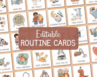 May include: A collection of illustrated routine cards with various daily activities, including "Make Bed," "Use Toilet," and "Pack Lunchbox." The cards feature a brown banner with the text "Editable ROUTINE CARDS."