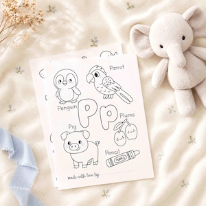 May include: A white coloring page featuring the letter Pp, with black line drawings of a penguin, parrot, pig, plums, and a pencil labeled with the word PURPLE. The text at the bottom reads made with love by, with a blank line for a name.
