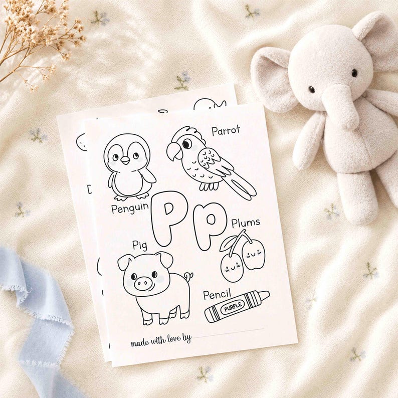 May include: A white coloring page featuring the letter Pp, with black line drawings of a penguin, parrot, pig, plums, and a pencil labeled with the word PURPLE. The text at the bottom reads made with love by, with a blank line for a name.
