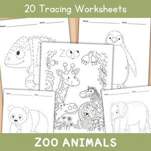 以下が含まれることがあります： 動物園の動物たちが描かれた、20枚のトレースワークシートのセットです。各シートには、キリン、シマウマ、ゾウなど、動物の点線で描かれた輪郭があり、名前と日付を記入するスペースがあります。「Zoo Animals」の文字が下にあります。