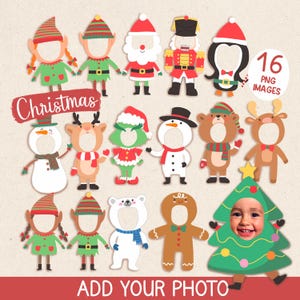 Op de afbeelding: Een verzameling van 16 PNG-afbeeldingen met kerstthema-personage-uitsparingen, waaronder elfen, de kerstman, een notenkraker en een sneeuwpop. Het woord "Christmas" staat op een rode banner en de tekst "ADD YOUR PHOTO" staat onderaan.
