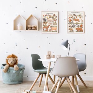 May include: A white table with a light wood top and four legs. Three chairs surround the table, two are light grey and one is light green. The chairs have wooden legs. A stuffed lion sits in a blue basket on the floor. Two framed posters hang on the wall, one titled "Farm Animals" and the other titled "Woodland Animals".