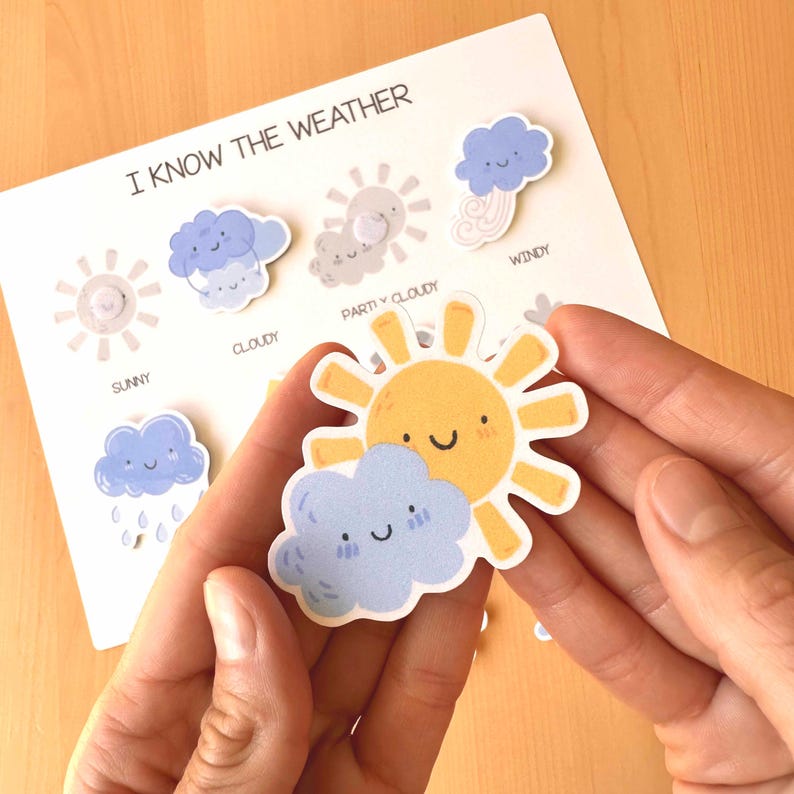 May include: A set of weather-themed stickers featuring a smiling sun and a cloud. The stickers are part of a learning tool with the text "I KNOW THE WEATHER" and illustrations of different weather conditions like sunny, cloudy, and windy.