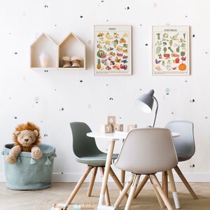 May include: A white table with four chairs, two gray and two green, surrounded by a light brown rug. A stuffed lion sits in a blue basket. A lamp with a gray shade sits on the table. The table has a set of wooden blocks with letters and numbers on them. Two framed posters hang on the wall, one titled "Fruits" and the other titled "Vegetables".