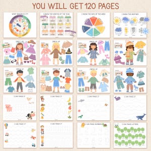 May include: A collection of educational printables for children. The image includes pages with seasonal themes, tracing activities, dress-up dolls, weather charts, and number and letter tracing exercises. The text at the top says "YOU WILL GET 120 PAGES."