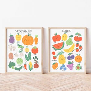 Fruit and Vegetable Posters - Educational Wall Art Set of 2 Watercolor Classroom Posters Montessori Downloadable Prints for Toddler Food Art