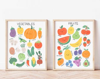 Fruit and Vegetable Posters - Educational Wall Art Set of 2 Watercolor Classroom Posters Montessori Downloadable Prints for Toddler Food Art