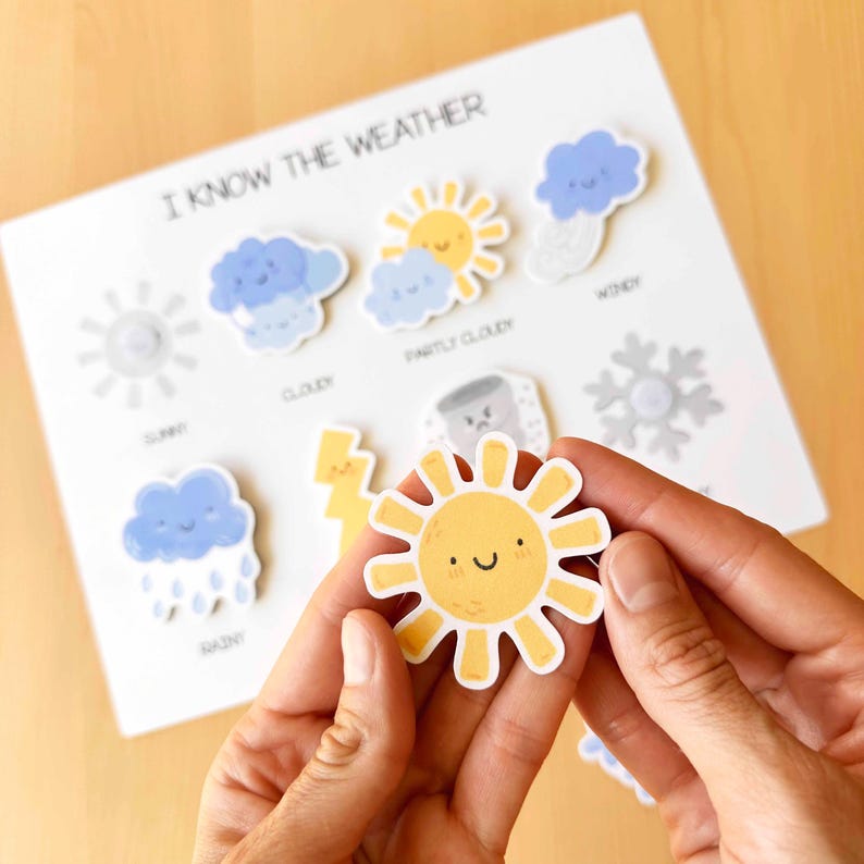 May include: A white board with the text "I KNOW THE WEATHER" and weather-themed stickers. The stickers include a smiling sun, clouds, rain, and a snowflake. A hand holds a yellow sun sticker.