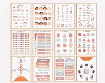 Homeschool Prints Set of 12 Educational Posters for Toddlers Pastel Montessori Playroom Educational Wall Art Set Downloadable Nursery Prints