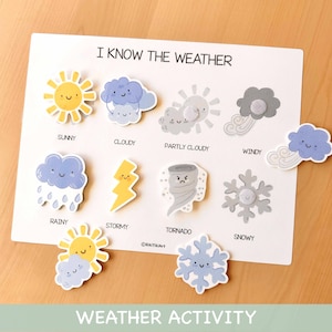 Può includere: Una lavagna bianca con la scritta "I Know The Weather" e illustrazioni a tema meteo. Include un sole giallo, nuvole blu, un fulmine e un fiocco di neve. Sono visibili anche le parole "Sunny", "Cloudy", "Rainy" e "Stormy".