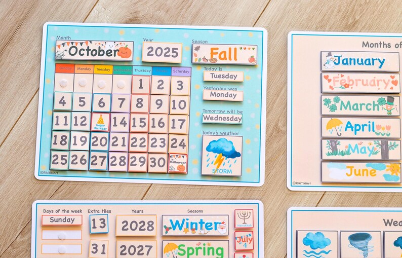 May include: A colorful wooden calendar with removable pieces for teaching days of the week, months, seasons, years, and weather. The calendar features a bright blue background with yellow stars and a picture of a storm cloud with lightning.