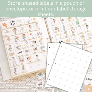 May include: A white binder with activity labels and blank sheets. The labels feature various illustrations of activities like sports, dance, and games. The text at the top says, "Store unused labels in a pouch or envelope, or print our label storage sheets."