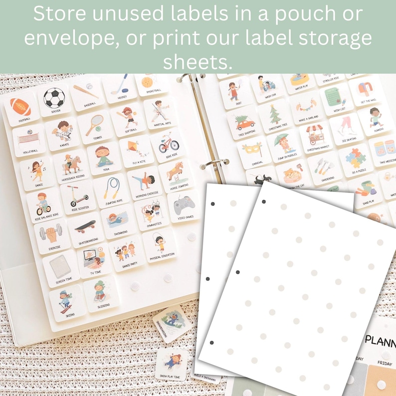 May include: A white binder with activity labels and blank sheets. The labels feature various illustrations of activities like sports, dance, and games. The text at the top says, "Store unused labels in a pouch or envelope, or print our label storage sheets."