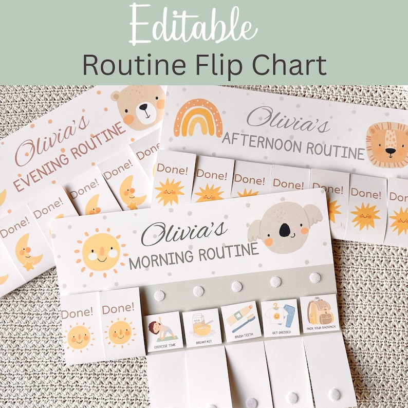 以下が含まれることがあります： 「Editable Routine Flip Chart」のテキストが入った、白い編集可能なルーティンフリップチャート。チャートには、朝、午後、夜のルーティンのセクションがあり、太陽、月、動物のイラストが描かれています。