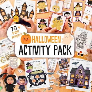 May include: A Halloween activity pack featuring 70+ PDF pages of printable games, colouring sheets, and cut-out characters. The collection includes illustrations of witches, haunted houses, ghosts, and potions, designed for interactive holiday fun.
