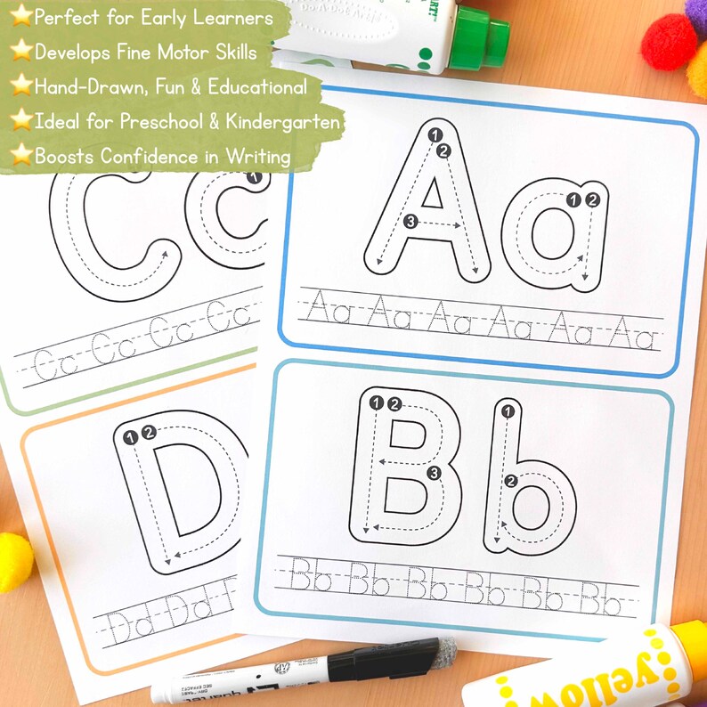 Schede di tracciamento ABC, schede di formazione delle lettere, esercizi di tracciamento dell'alfabeto, curriculum prescolare, risorse di apprendimento per l'istruzione parentale immagine 5