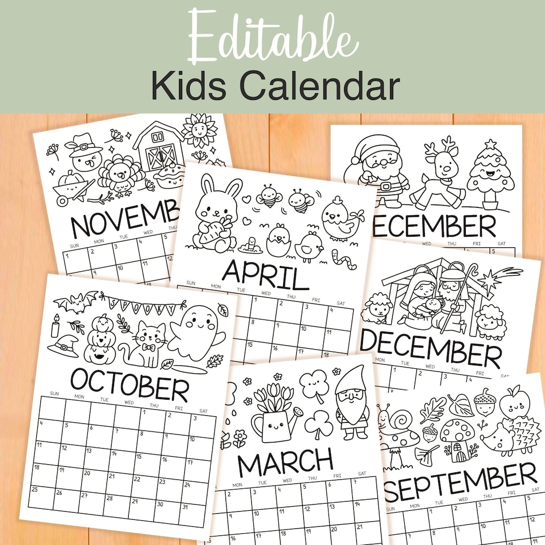 Kids Calendar 2026 Printable Coloring Monthly Calendar Editable ...
