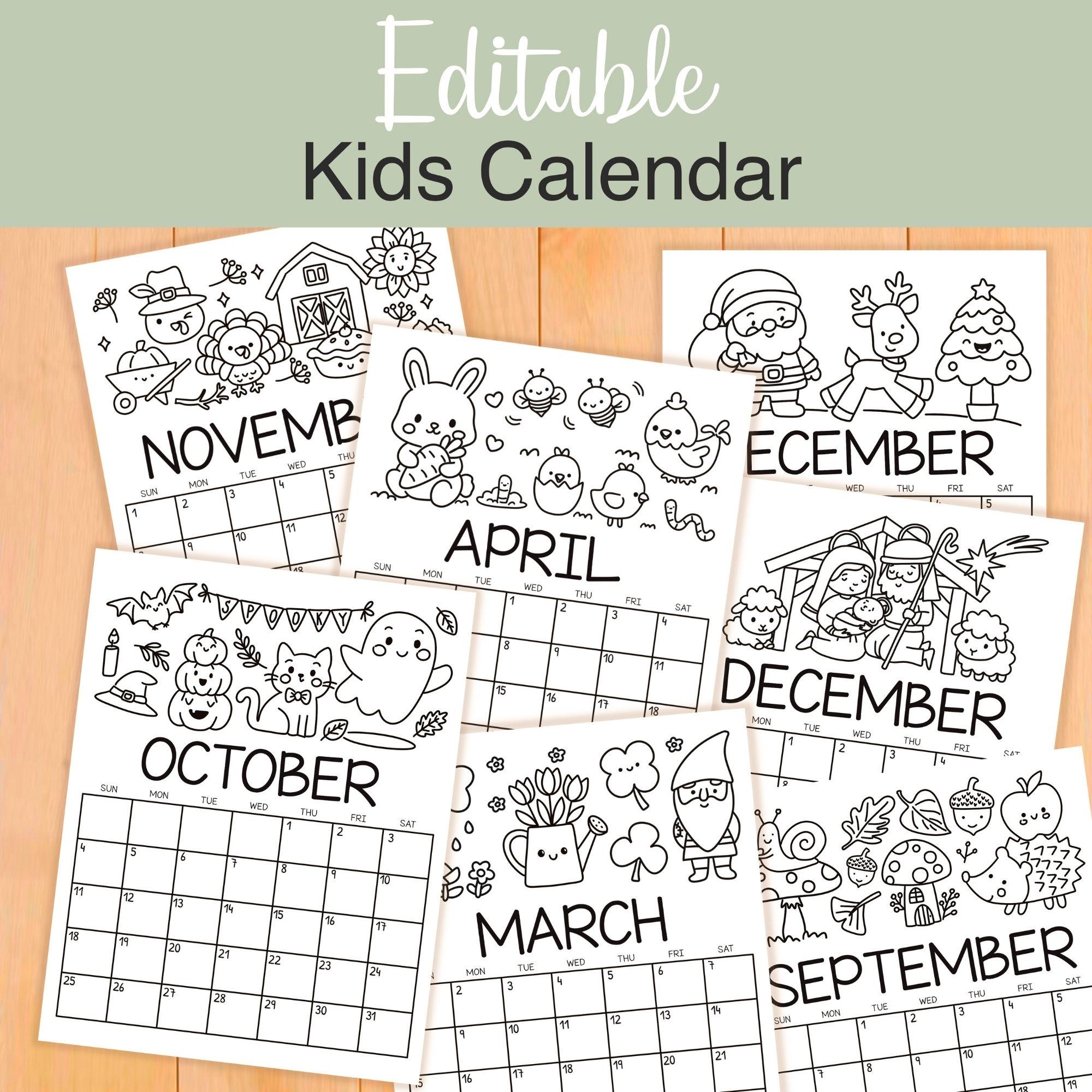 Kids Calendar 2026 Printable Coloring Monthly Calendar Editable ...