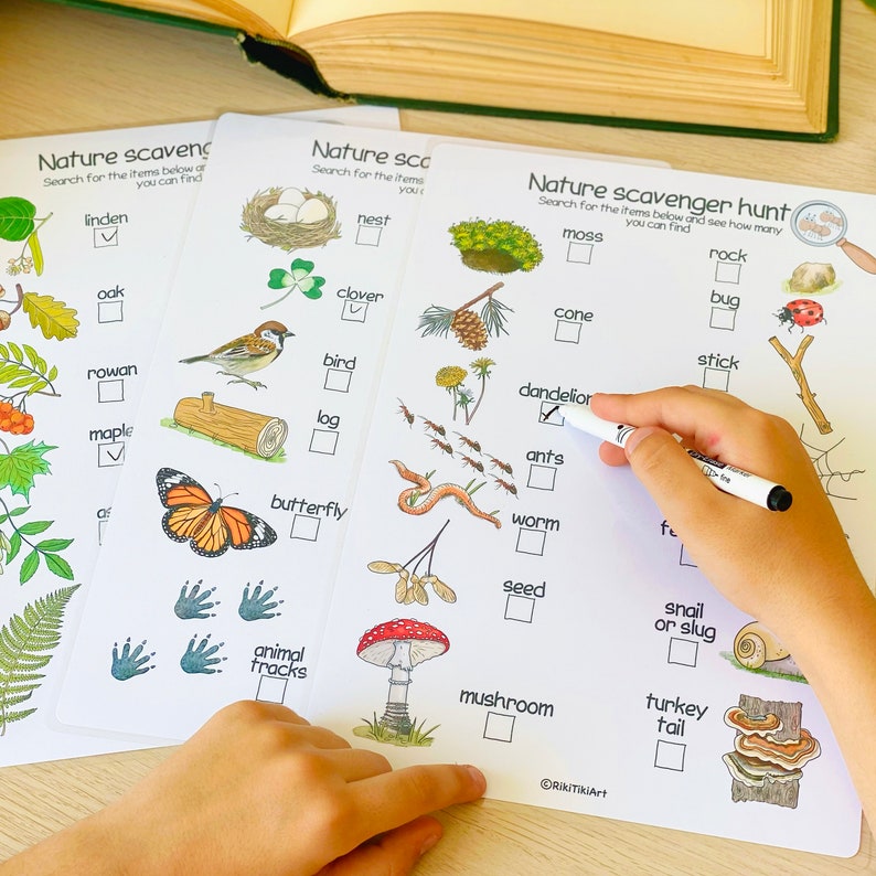 May include: A printable nature scavenger hunt checklist with illustrations of items to find outdoors, such as a bird, a butterfly, a mushroom, a snail, a rock, a stick, a dandelion, and a turkey tail. The checklist includes checkboxes for each item.