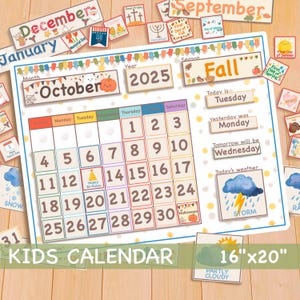 16 x 20 eeuwigdurende kalender afdrukbare klaskalender Homeschool Montessori materialen, weerkaart maanden van het jaar voorschoolse leerplan