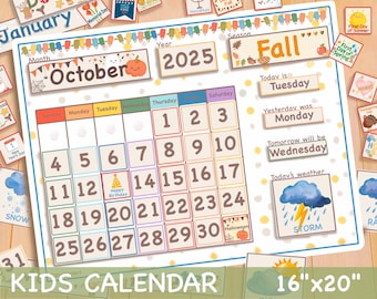 16x20 Perpetual Calendar Printable Classroom Calendar Homeschool Montessori Materials, Weather Chart Months of the Year Preschool Curriculum