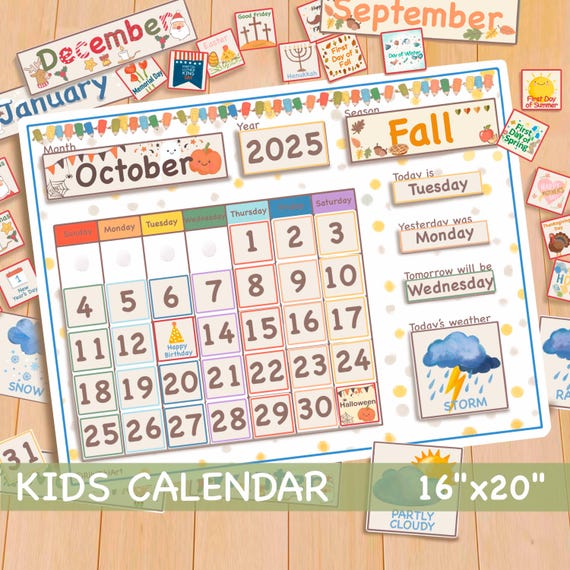 16x20 Perpetual Calendar Printable Classroom Calendar Homeschool Montessori Materials, Weather Chart Months of the Year Preschool Curriculum