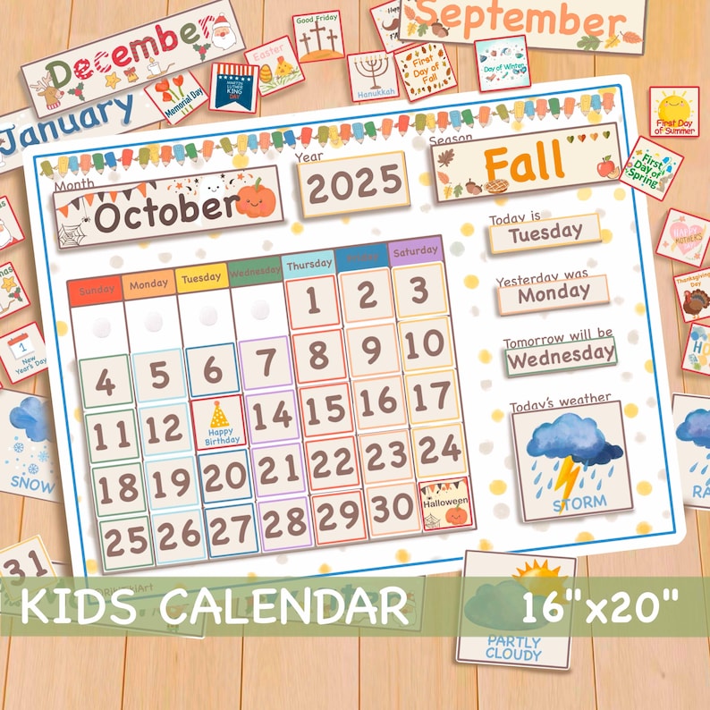 May include: A colorful printable calendar for kids featuring the month of October 2025. The calendar includes days of the week, dates, and a space for a daily weather icon. The calendar is 16 inches by 20 inches.