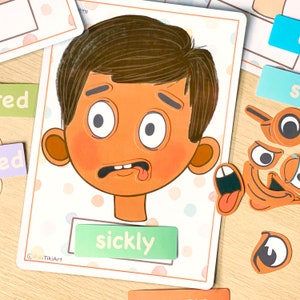 May include: A printable activity card with a cartoon illustration of a boy with a sick expression. The card has a green label with the word "sickly" on it. The card is part of a set of printable activity cards for teaching children about emotions.