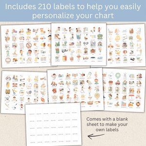 May include: A collection of illustrated labels for personalising a chart. The image shows several sheets with colourful, small illustrations of various activities and objects. Text on the image reads, "Includes 210 labels to help you easily personalise your chart." A blank sheet is also included.