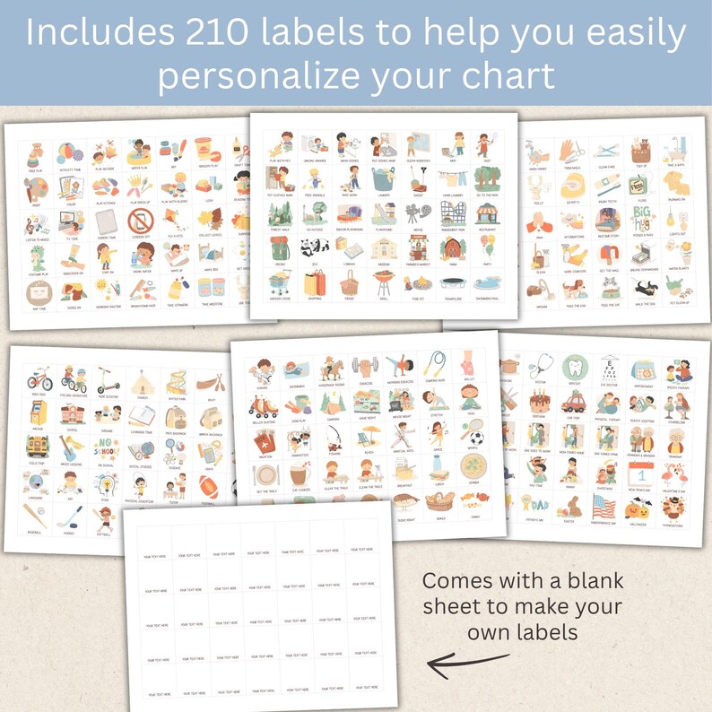 May include: A collection of illustrated labels for personalising a chart. The image shows several sheets with colourful, small illustrations of various activities and objects. Text on the image reads, "Includes 210 labels to help you easily personalise your chart." A blank sheet is also included.