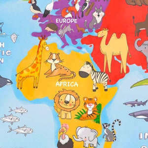 May include: A colorful world map with animal illustrations representing different continents. The map features a giraffe, zebra, camel, elephant, lion, tiger, and other animals. The continents are labeled with the words "Europe", "Africa", and "South America".