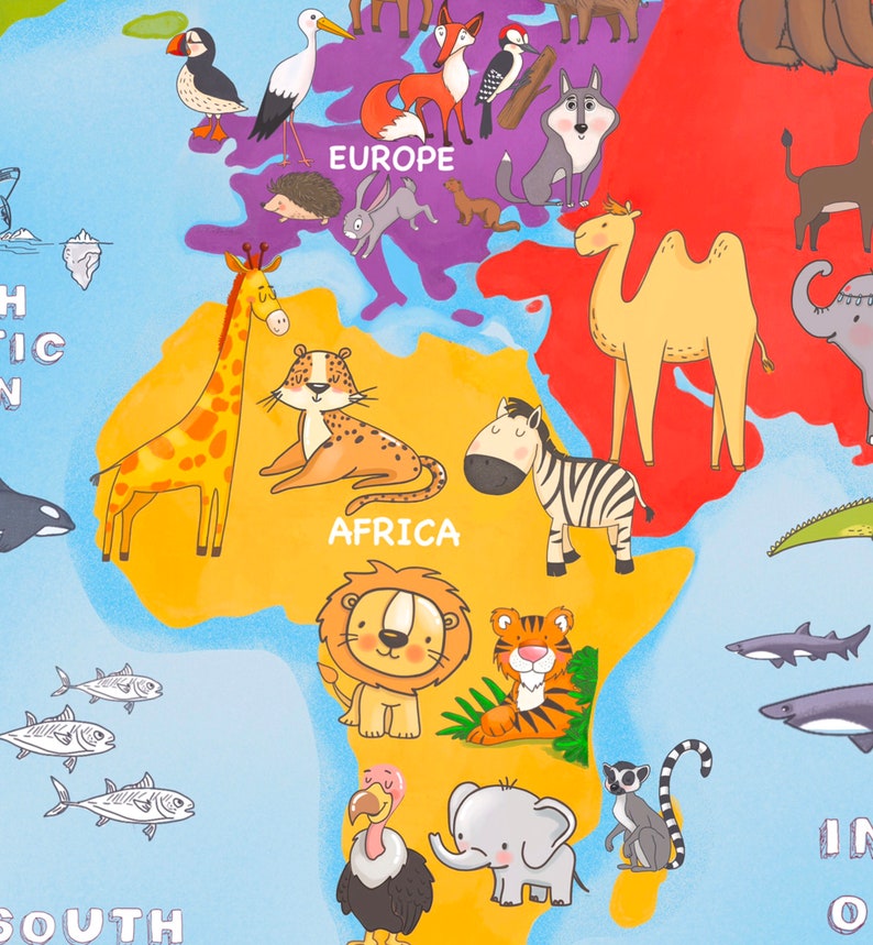May include: A colorful world map with animal illustrations representing different continents. The map features a giraffe, zebra, camel, elephant, lion, tiger, and other animals. The continents are labeled with the words "Europe", "Africa", and "South America".