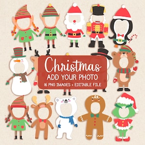 Op de afbeelding: Een verzameling van 16 PNG-afbeeldingen met kerstthema's met uitgesneden gezichten, waaronder elfen, de kerstman, een sneeuwpop, een rendier, een beer, een pinguïn, een peperkoekenman en een Grinch. De afbeeldingen zijn in verschillende kleuren, met de tekst "Christmas ADD YOUR PHOTO" op een rode banner.