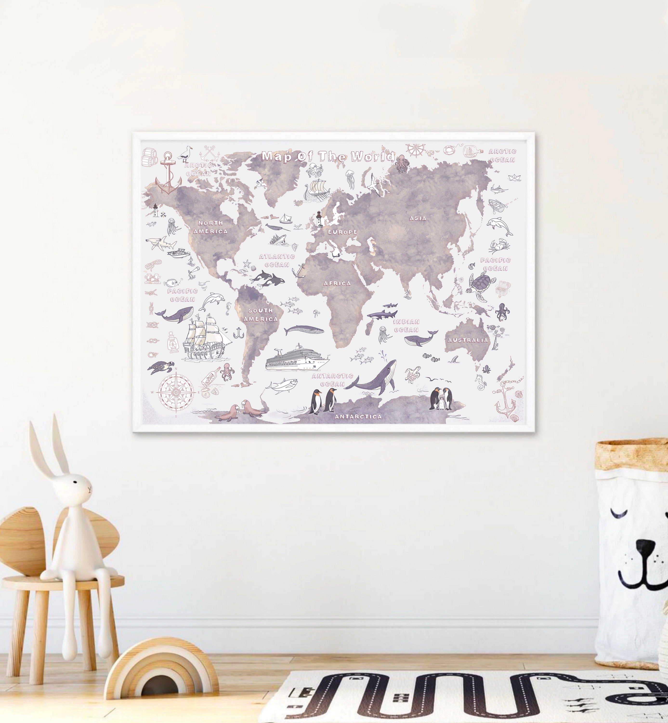 Kids World Map Poster, Navy Blue Educational Wall Art (digital Download ...