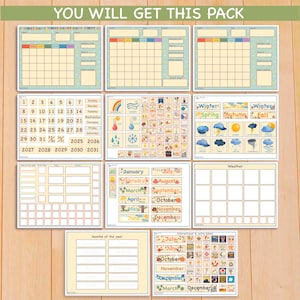 May include: A set of printable calendar and chart templates for classroom or home use. The templates feature a colorful design with a rainbow, clouds, and a variety of other illustrations. The set includes a calendar, a weather chart, a chart for the days of the week, a chart for the months of the year, and a chart for the seasons.